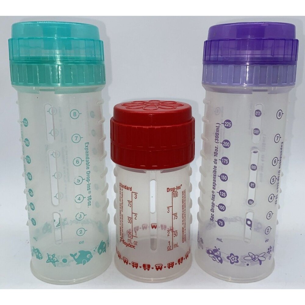 Playtex Nurser Drop-Ins Baby Bottles Set of 3 With Caps Infant Vintage